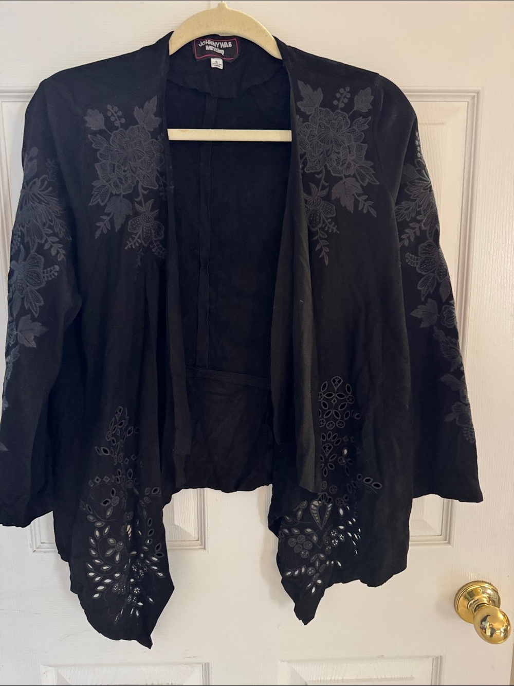 Johnny Was Black Suede Open-Front Jacket